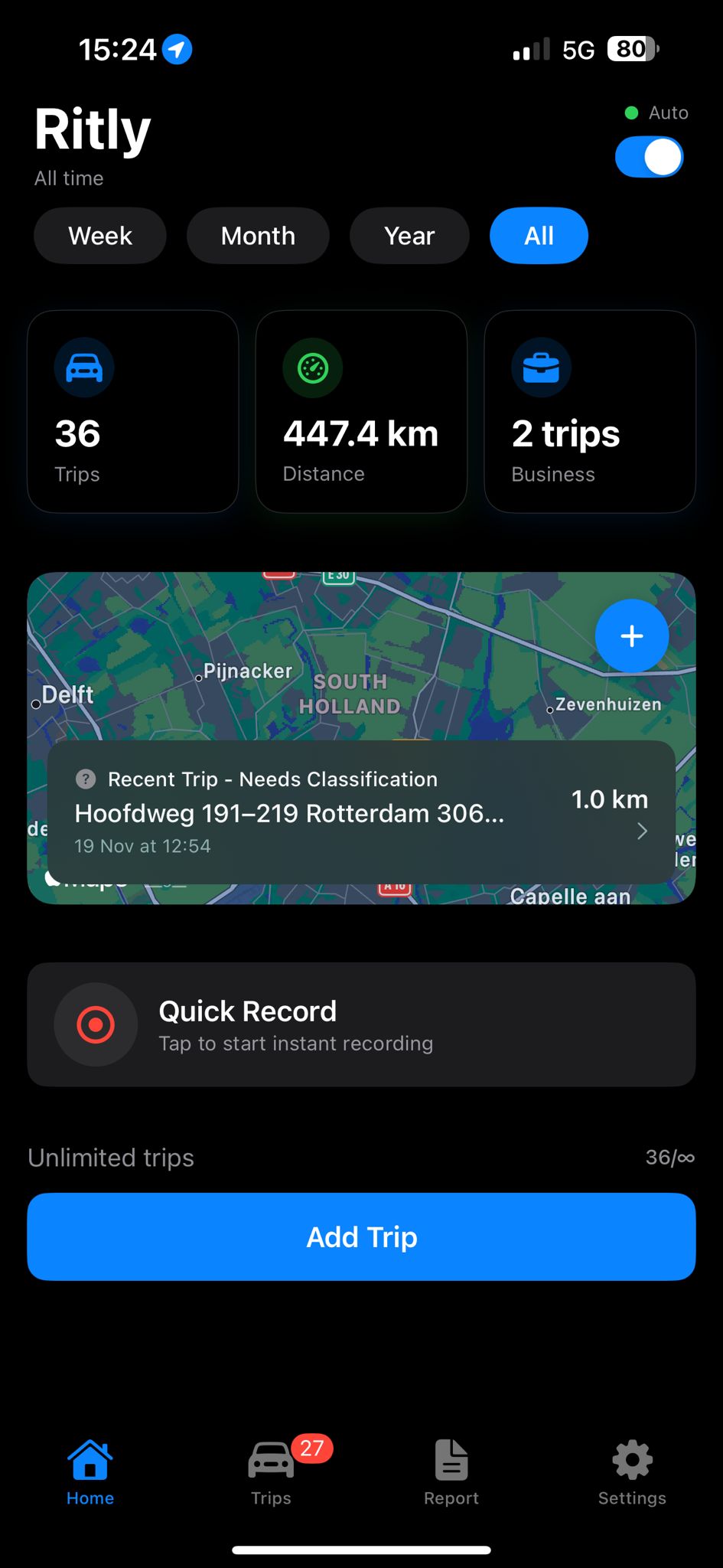 Ritly App Interface - Kilometerregistratie
